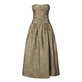 Ulla Johnson Lumina Textured Gown in light gold, strapless sweetheart neckline, ruched fitted bustier, flared midi skirt, crinkle taffeta
