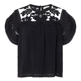 Ulla Johnson Alma Embroidery Lace Silk Top in Noir, black with floral embroidered tulle yoke, short sleeves, round neckline