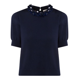Ulla Johnson Jude Embellished Top in Midnight, fine knit merino with jewel-embellished round neckline, short sleeves and straight hem.