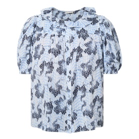 Ulla Johnson Amaria Layered Stripe Top in Ciel, puffed short sleeves, ruffle collar, button-front, abstract graphic print