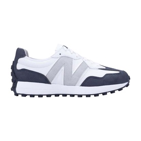 New Balance 327 trainers in white and navy with grey N logo, suede and mesh upper, dark rubber sole