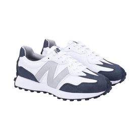 New Balance 327 trainers in white and navy blue with grey N logo, suede and mesh upper, black rubber sole