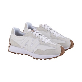 New Balance 327 trainers in white and cream with suede and mesh panels, white laces, and gum rubber sole