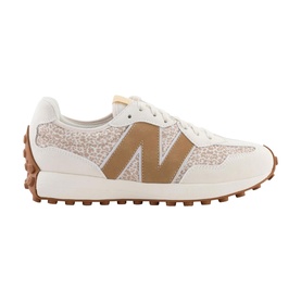 New Balance 327 trainers in off-white and tan with leopard print panels, gold N logo, and gum rubber sole