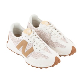 New Balance 327 trainers in white and pink leopard print with gold N logo, white laces, and gum rubber sole