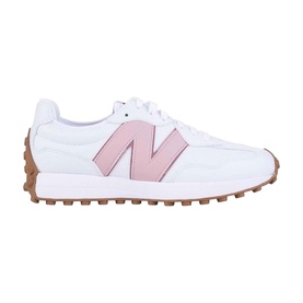 New Balance 327 trainer in white with pink N logo, white midsole and gum rubber outsole