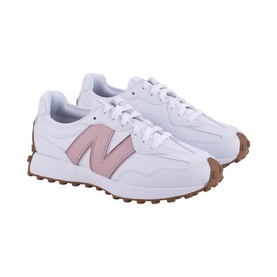 New Balance 327 trainers in white with pink N logo, leather and mesh upper, tan gum sole