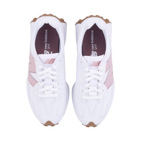 New Balance 327 trainers in white with pink 'N' logo detail, white laces, and gum sole, overhead view