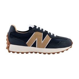 New Balance 327 trainer in navy and tan suede with gum sole and cream midsole, lace-up fastening