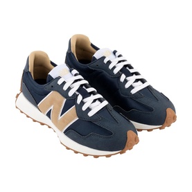 New Balance 327 trainers in navy and tan suede with white laces, cream midsole and gum rubber outsole