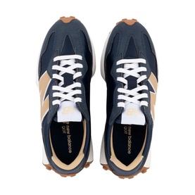 New Balance navy and tan trainers with white laces, seen from above, gum sole visible at edges