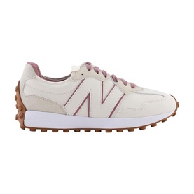 New Balance Golf women's 327 trainers in brown, featuring dusty rose N logo, suede and mesh upper, white midsole, gum rubber outsole