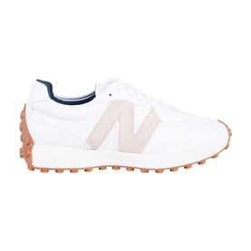 New Balance Golf women's trainer in white and tan, featuring suede N logo, mesh upper, and gum rubber sole