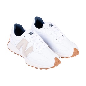 New Balance Golf women's golf shoes in white and tan, featuring large N logo, lace-up front, navy heel collar and gum rubber sole