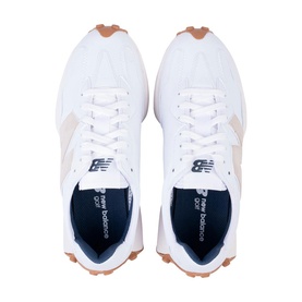 New Balance Golf women's golf shoes in white and tan, overhead view showing lace-up detail, navy insole and gum rubber sole