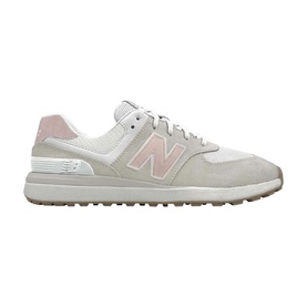 New Balance Golf 574 womens golf shoe in Sand Pink, spikeless sole, suede and mesh upper with pink N logo
