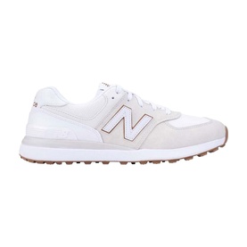 New Balance Golf 574 women's golf shoe in Seashell, suede and mesh upper, rose gold N logo, gum rubber sole