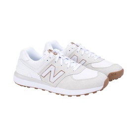 New Balance Golf 574 women's golf shoes in Seashell, featuring rose gold branding, suede and mesh upper, gum rubber sole.