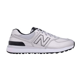 New Balance 574 Greens V2 golf shoe in white and black, leather upper, white spikeless sole with black heel accent