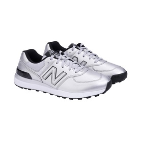 New Balance 574 Greens v2 golf shoes in silver leather with black N logo, white spikeless sole, and black collar lining