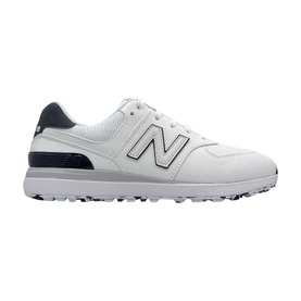 New Balance 574 Greens golf shoe in white and navy, smooth leather upper, spikeless white sole with navy heel accent