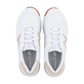 New Balance Golf white leather women's golf shoes with beige N logo detail, white laces, and gum-toned outsole, top-down view