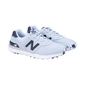 New Balance Golf womens 574 golf shoes in blue navy, with navy "N" logo, spikeless white sole, pair shown at angle