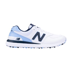 New Balance Golf women's golf shoe in white and sky blue with navy N logo, spikeless sole, leather-look upper