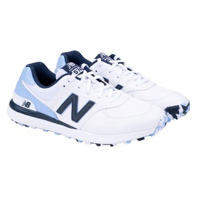 New Balance Golf women's golf shoes in white and sky blue, featuring navy N logo, lace-up design, and spikeless white sole