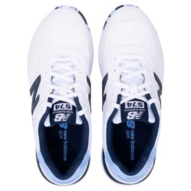 New Balance Golf 574 women's golf shoes in white and sky blue, navy branding, white laces, viewed from above showing both shoes