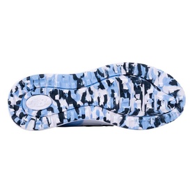 New Balance Golf women's golf shoe sole in white and sky blue camouflage-patterned rubber outsole, bottom view.