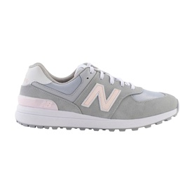 New Balance 574 Greens golf shoe in grey and pink, suede and mesh upper, white spikeless sole