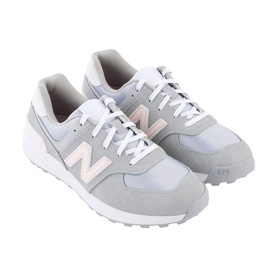 New Balance 574 trainers in grey and white with pale pink N logo, white laces and white rubber sole