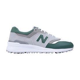 New Balance 997 SL golf shoe in grey and green with spikeless white sole and tonal N logo detail
