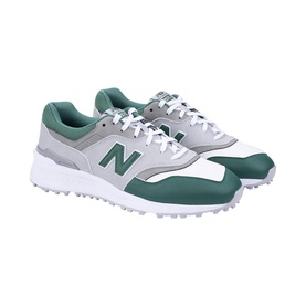 New Balance 997 golf shoes in grey, white and green colourway, spikeless sole, leather and mesh upper with signature N logo