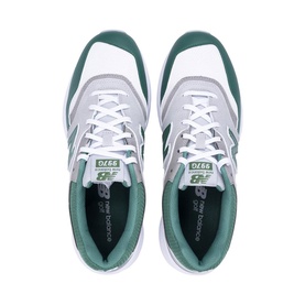 New Balance 997H trainers in white and green colourway, grey panels, white lace-up design, overhead flat lay showing pair