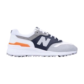 New Balance Golf 997 spikeless golf shoe in grey and white with navy overlays, orange heel accent, and white rubber sole