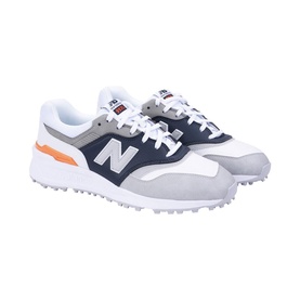 New Balance Golf men's grey and white golf shoes with navy suede overlay, orange accent, white rubber sole and silver N logo