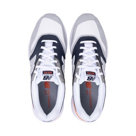 New Balance Golf men's grey white golf shoes, overhead view showing white laces, navy and grey panelling with orange accent detail.