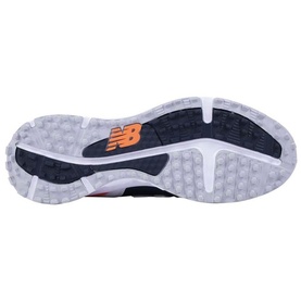 New Balance Golf mens grey white golf shoe sole view, featuring navy traction pods and orange NB logo branding.