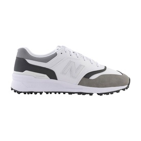 New Balance 997 SL golf shoe in white and grey suede and leather upper, black heel panel, spikeless white sole