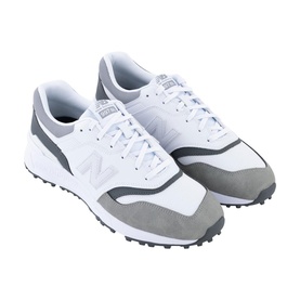 New Balance 997 SL golf trainers in white and grey, featuring suede overlays, mesh upper, silver N logo, and spikeless rubber sole