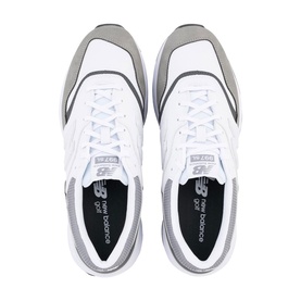 New Balance 997 trainers in white and grey, leather upper with tonal laces, grey suede heel panel, white sole, top-down view