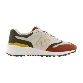 New Balance Golf 997 SL men's golf shoe in Olive Taupe, spikeless rubber sole, suede and mesh upper with gold N logo