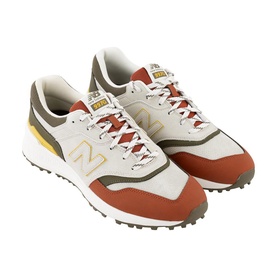 New Balance Golf men's golf shoes in olive taupe, featuring cream upper, rust red and khaki panels, gold N logo, spikeless rubber sole.