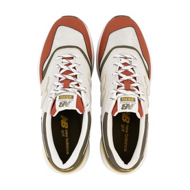New Balance Golf mens golf shoes in Olive Taupe, overhead view showing white and rust upper with gold branding and lace detail.