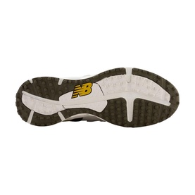 New Balance Golf mens golf shoe sole in Olive Taupe, showing textured outsole pattern with yellow NB logo and multi-directional traction lugs.