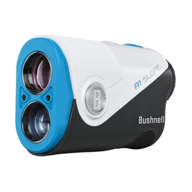 Bushnell AX Slope golf laser rangefinder in white, black and blue with lens aperture and rubberised grip detail