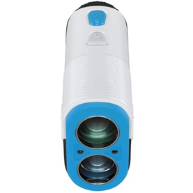 White and blue golf laser rangefinder with dual lens apertures and textured grip, front-facing view