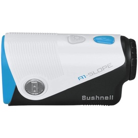 Bushnell A1-Slope golf rangefinder in white, black and blue, compact handheld design with side lens and activation button visible